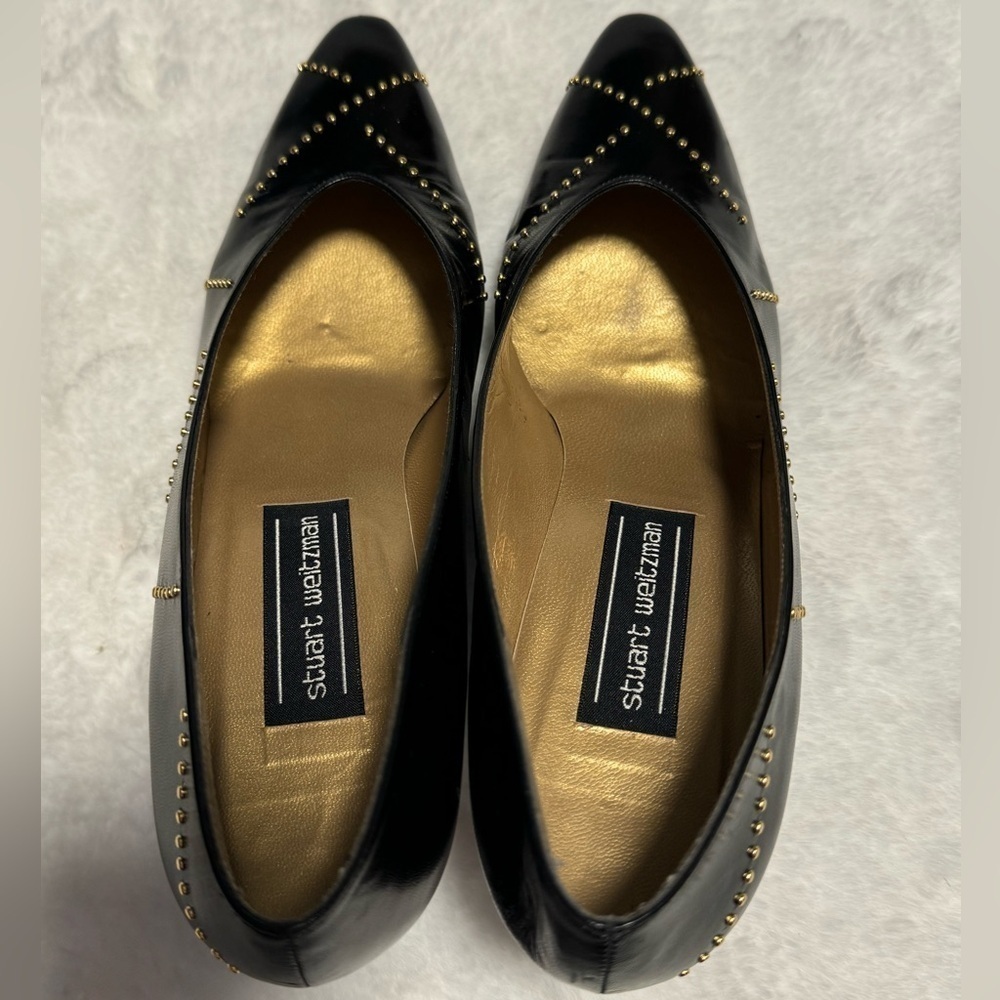 Vintage 80’s Stuart Weitzman Black Leather Gold Studded Heels Pumps Avante Garde - Picture 5 of 16